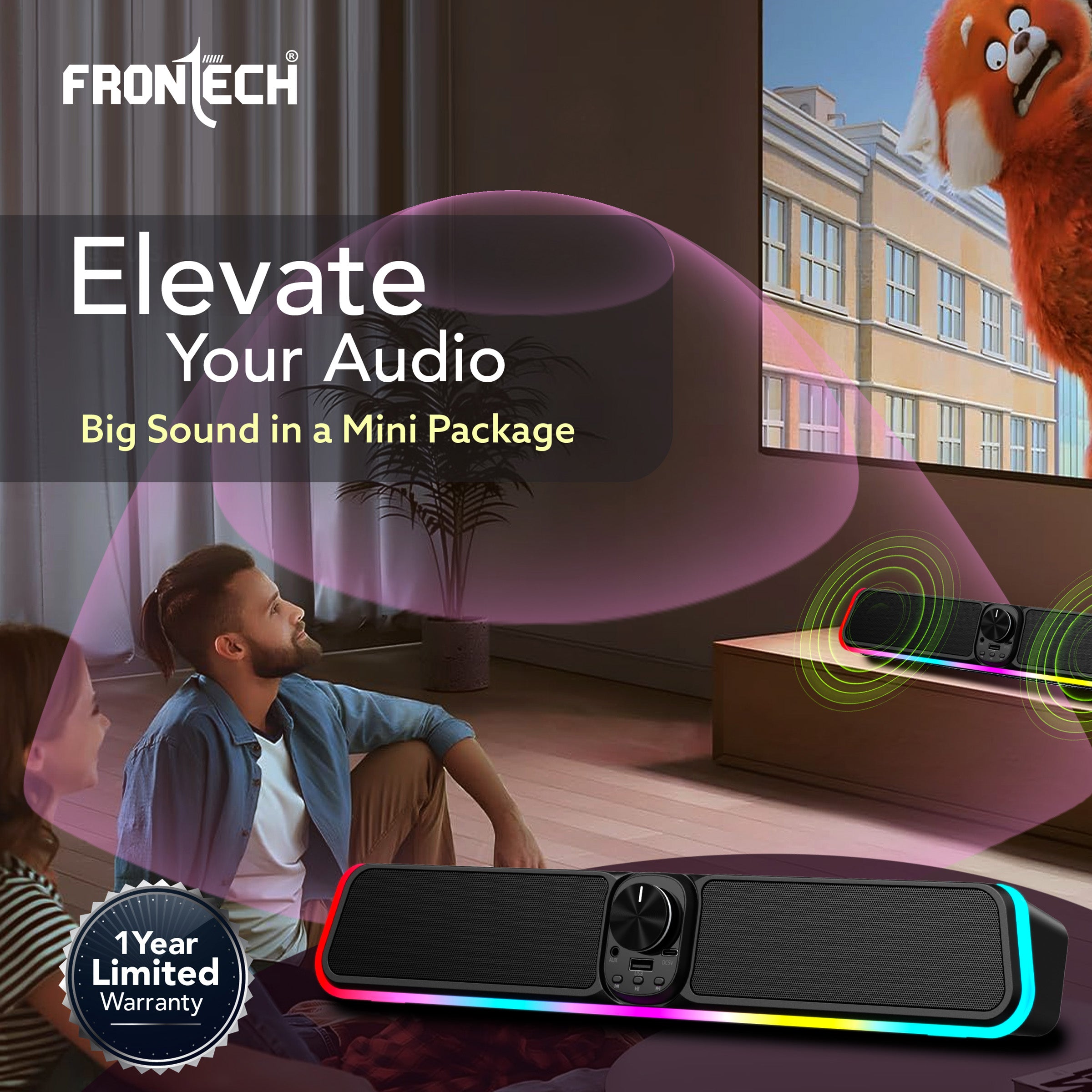 FRONTECH ECHOLITE Powerhouse 30W Mini Soundbar with RGB & Bluetooth 5.0 – Your All-in-One Audio Solution. (SW- 0181P) FRONTECH ECHOLITE Powerhouse 30W Mini Soundbar with RGB & Bluetooth 5.0 – Your All-in-One Audio Solution. (SW- 0181P)